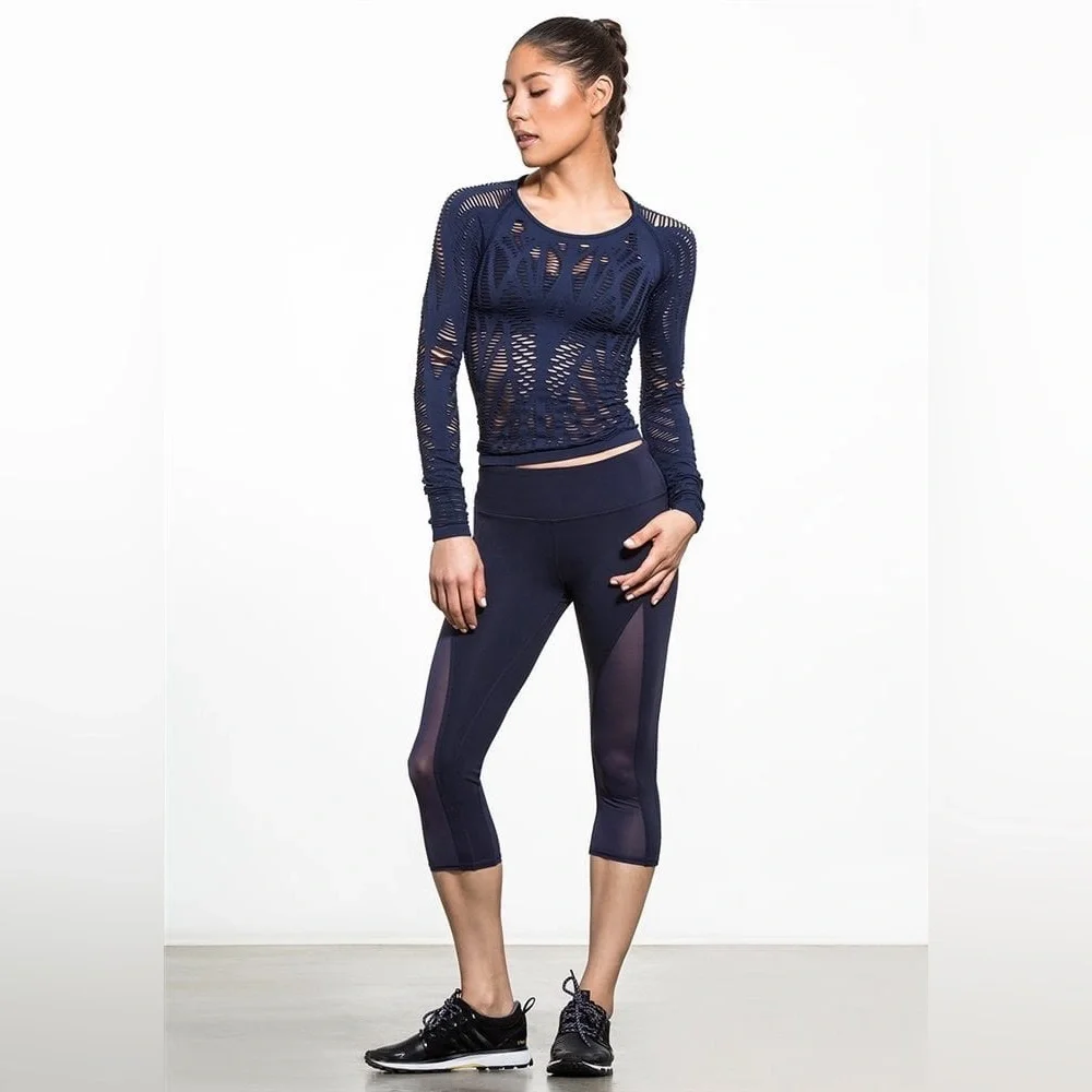 ALO Yoga Navy Blue Long Sleeve Laser-Cut Top